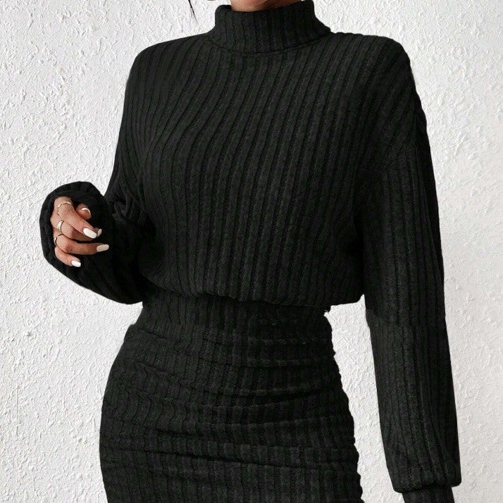 Knitted Sweater Dress With High Collar For Women Ribbed Texture Cozy Winter Elegance