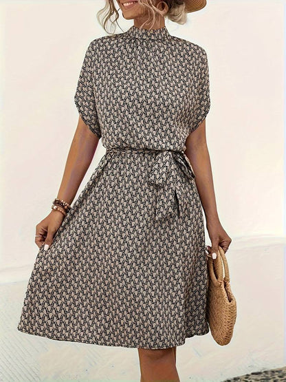 Allover Print Belted Dress For Women With Adjustable Belt