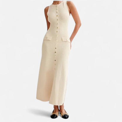 Ancient World | Long Knit Dress with Buttons for Women – Sleeveless Summer Elegance