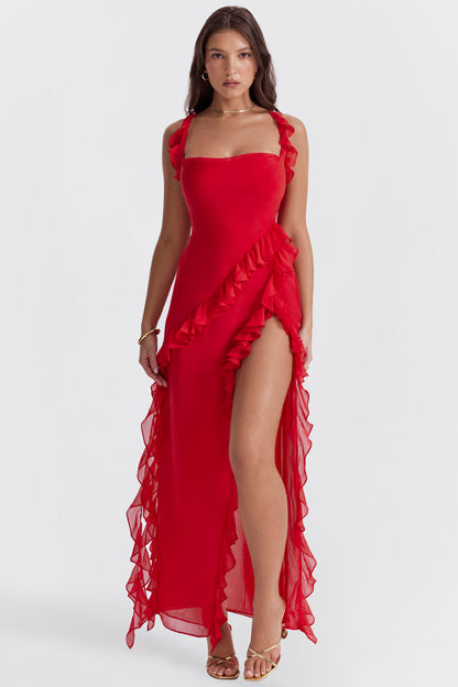 Melantha Ruffled Maxi Dress With Adjustable Straps And High Slit For Confident Stylish Women