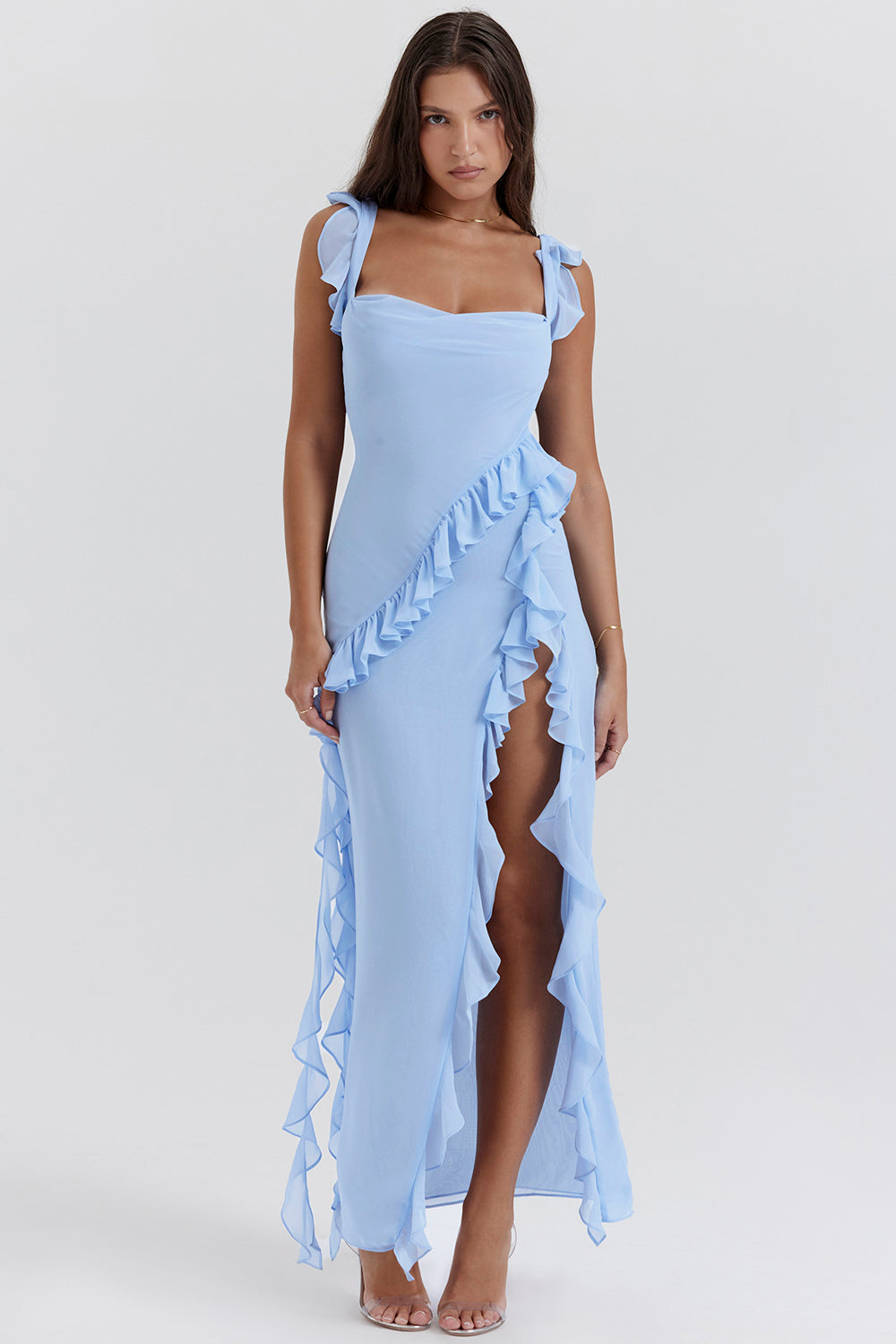 Melantha Ruffled Maxi Dress With Adjustable Straps And High Slit For Confident Stylish Women