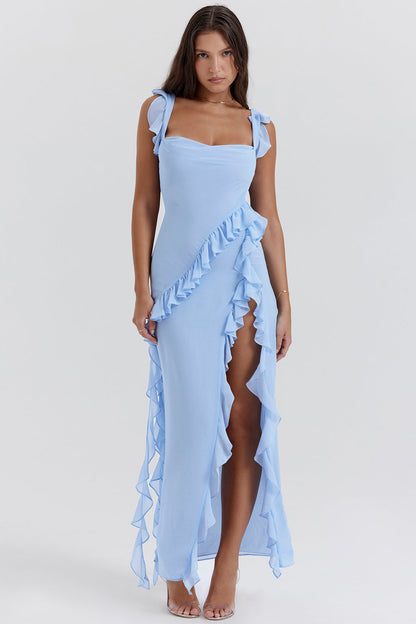 Melantha Ruffled Maxi Dress With Adjustable Straps And High Slit For Confident Stylish Women