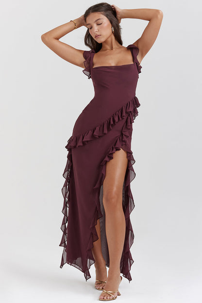Melantha Ruffled Maxi Dress With Adjustable Straps And High Slit For Confident Stylish Women