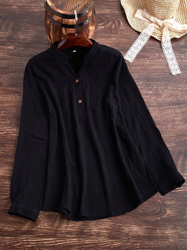 Women's Blouse – Relaxed Fit – Soft Textured – Long Sleeves – Chest Pockets