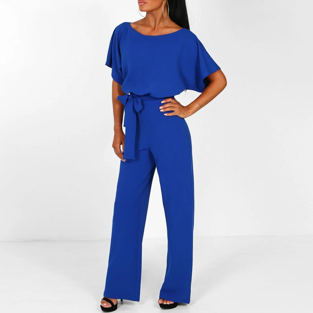 Women's Jumpsuit - Wide Leg - Short Sleeves - Belt at Waist - Elegant and Comfortable
