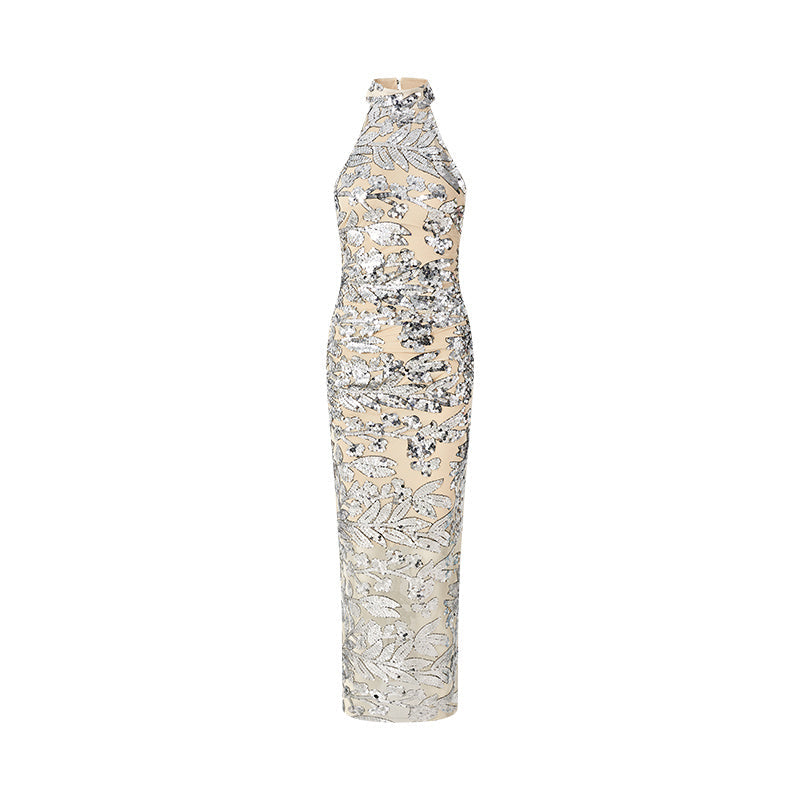Luxurious Sequined Evening Dress For Women With Nude Base Fabric And Silver Glitter High Neckline Gown