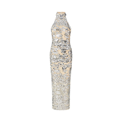 Luxurious Sequined Evening Dress For Women With Nude Base Fabric And Silver Glitter High Neckline Gown