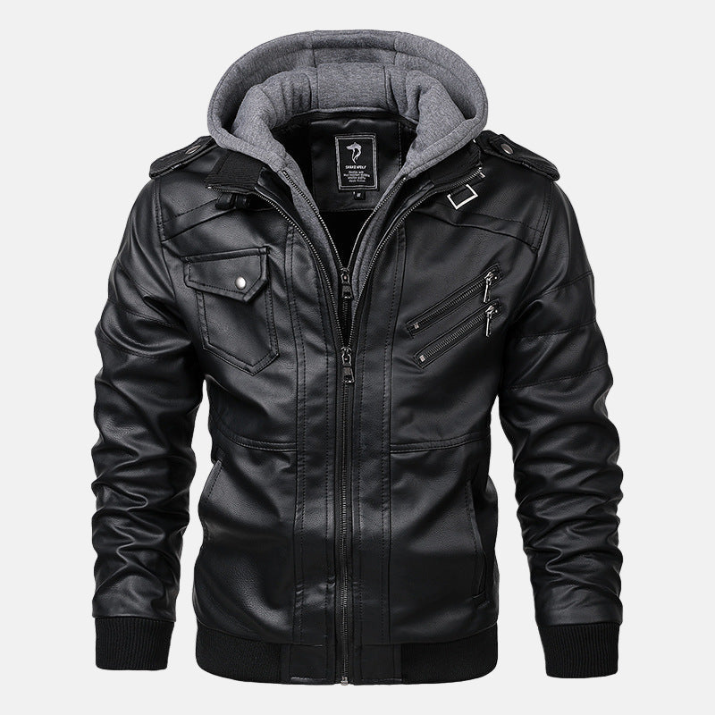 Mens Hooded Moto Jacket With Zip Pockets Leather Look Casual Winter Outerwear For Men