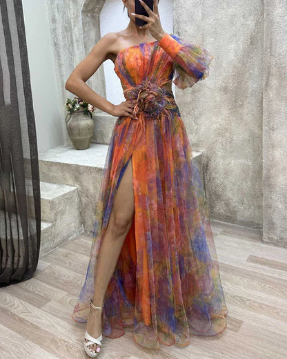 Women's Evening Dress - One-Shoulder Long Sleeve - High Slit Flowing Design - Elegant Party Dress