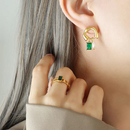 Esme | Geometric Earrings with Pearls and Emerald Design