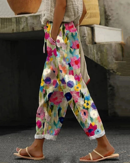 Women's Pants - Loose Fit - High-Waisted with Elastic - Lightweight Fabric - Wide Legs