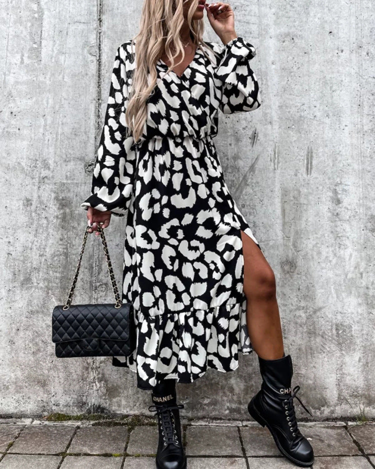 TrendAura Leopard Print Maxi Dress for Women with Elastic Waist Lightweight Flowing Long Slit Chic Everyday Wear