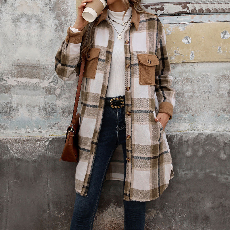 TrendAura Brushed Plaid Long Coat For Modern Women Warmth And Polished Everyday Style