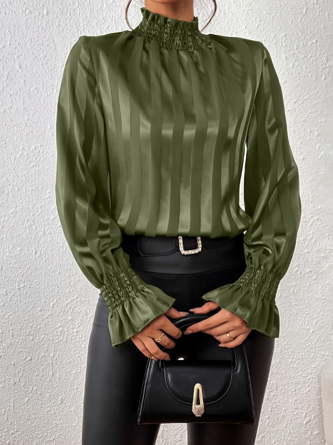 Women's Blouse - High Ruffle Collar - Long-Sleeved Smock Cuff - Glossy Satin Look
