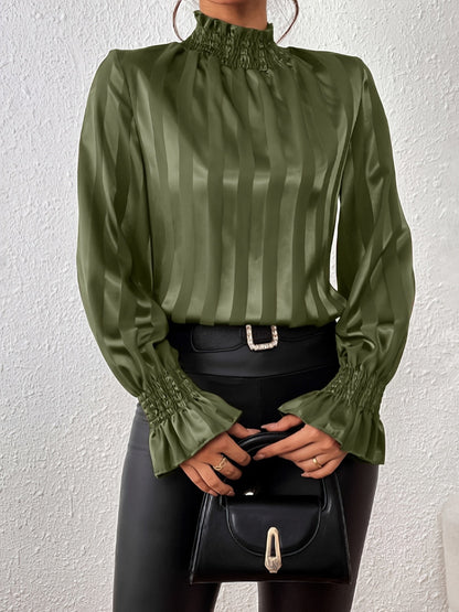 Women's Blouse - High Ruffle Collar - Long-Sleeved Smock Cuff - Glossy Satin Look