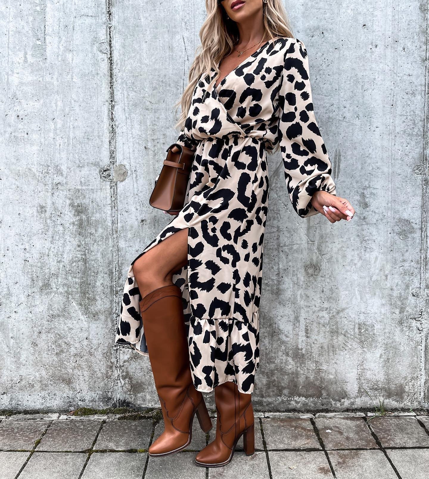 TrendAura Leopard Print Maxi Dress for Women with Elastic Waist Lightweight Flowing Long Slit Chic Everyday Wear