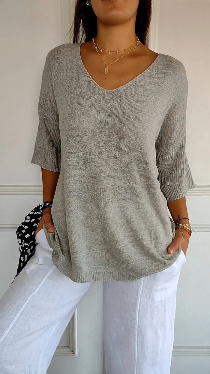 Women's V-neck Oversized Knit Top | Half Sleeve