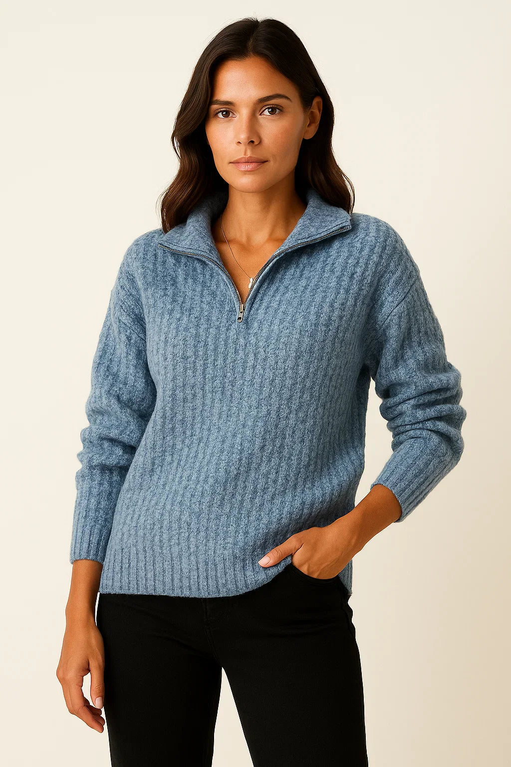 Ribbed knit sweater with high collar and zipper closure