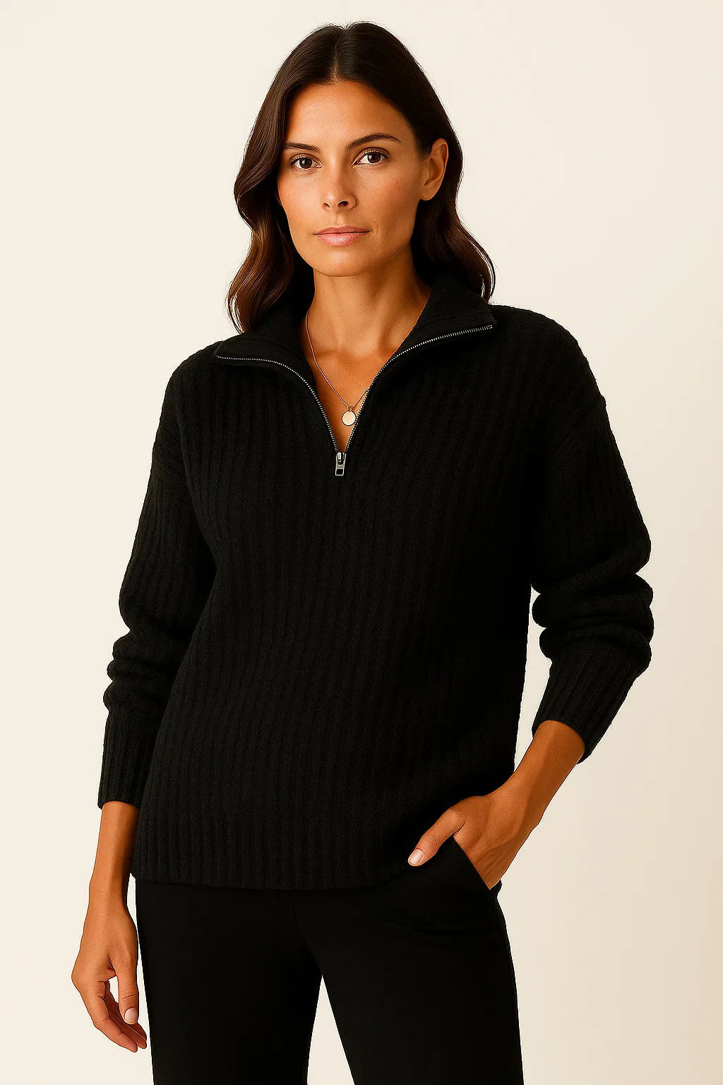 Ribbed knit sweater with high collar and zipper closure