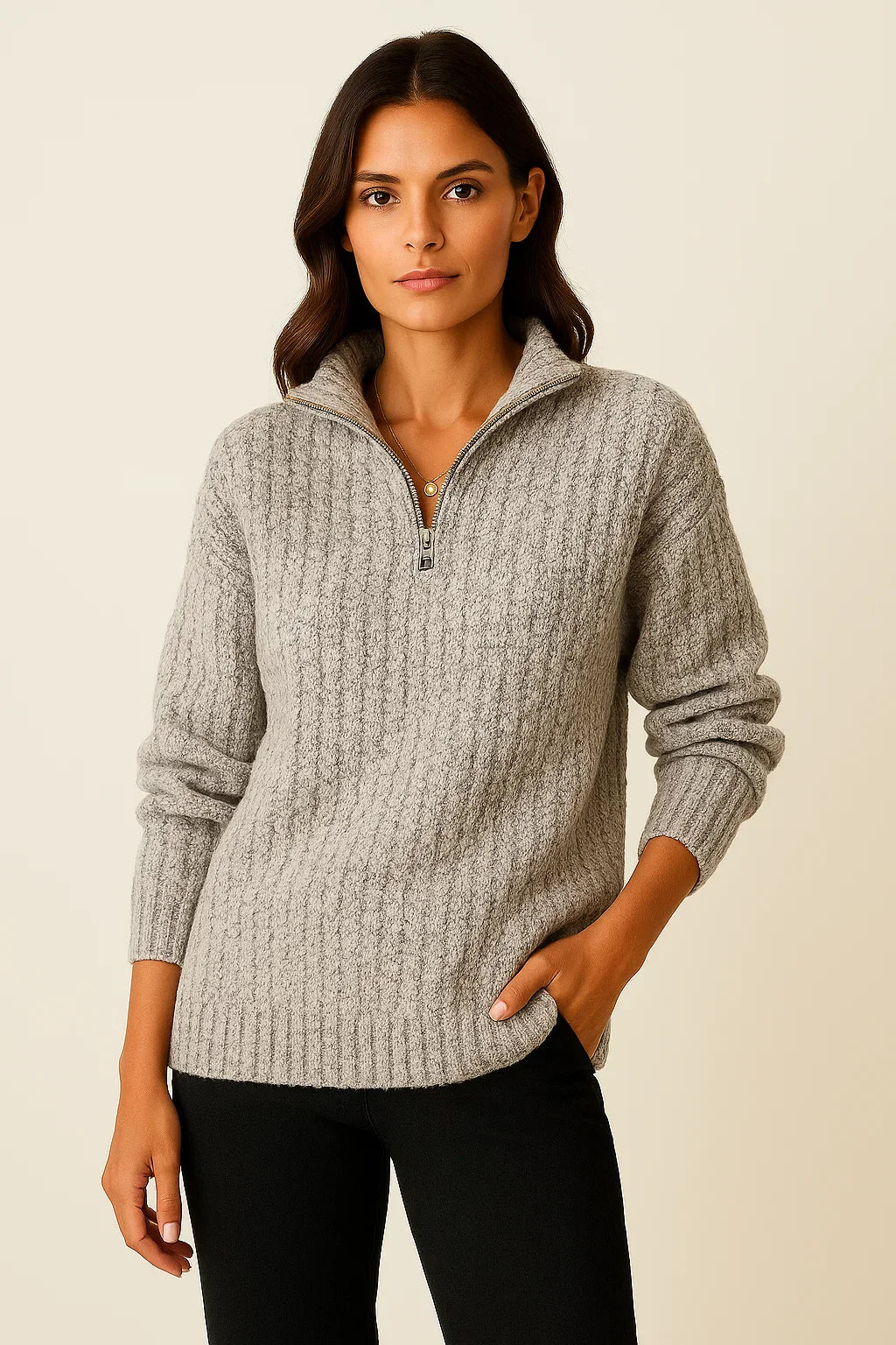 Ribbed knit sweater with high collar and zipper closure