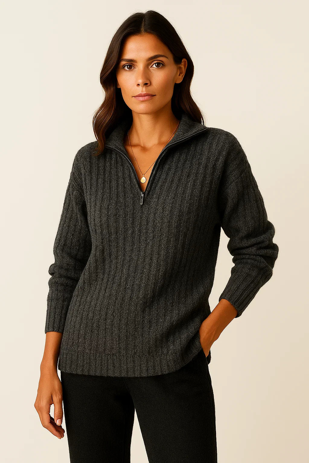 Ribbed knit sweater with high collar and zipper closure