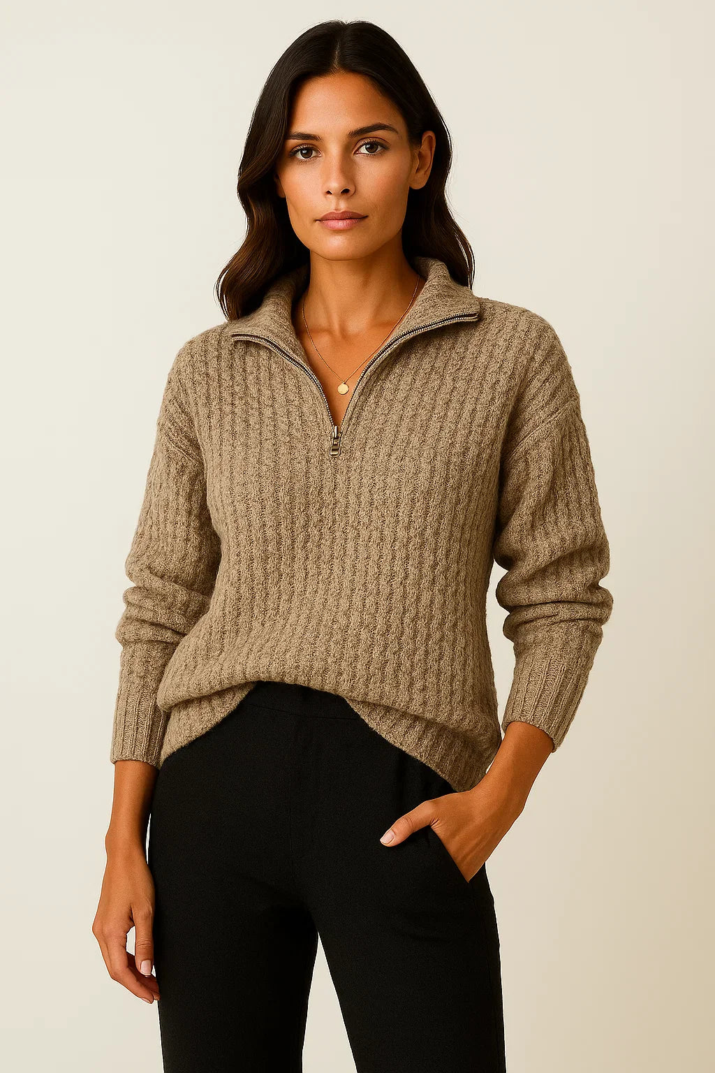Ribbed knit sweater with high collar and zipper closure