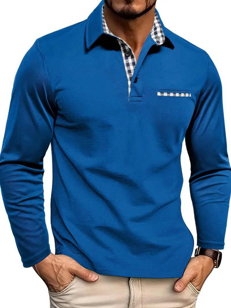 Jaxon Mens Long Sleeve Polo Shirt With Checkered Collar Trim And Soft Cotton Blend For Smart Casual Layering