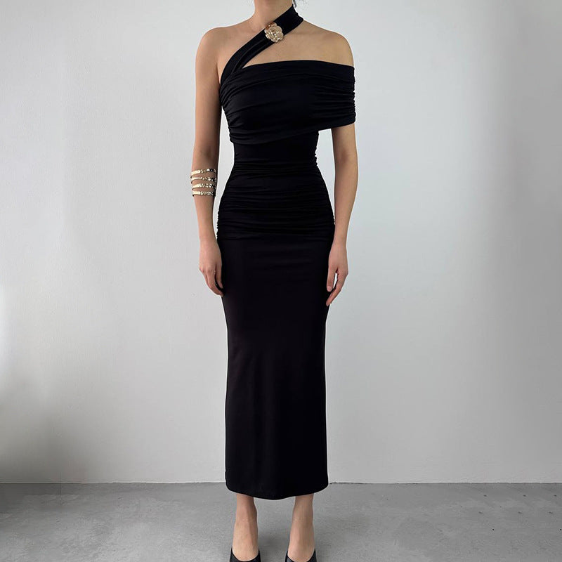 Margaretha Trendy Dress For Women With Asymmetric Slanted Shoulder And Figure Hugging Silhouette