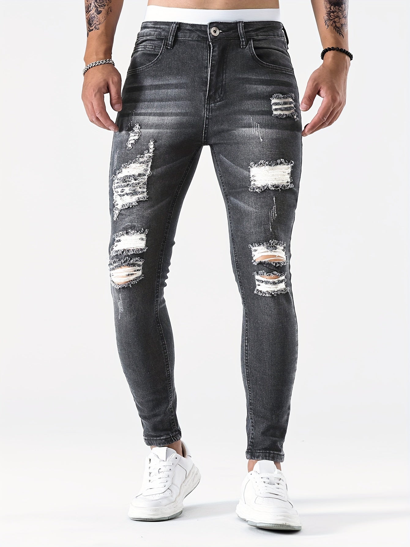 Mens Distressed Skinny Jeans Low Rise With Ripped Detailing For Streetwear Aficionados Edgy Modern Fit