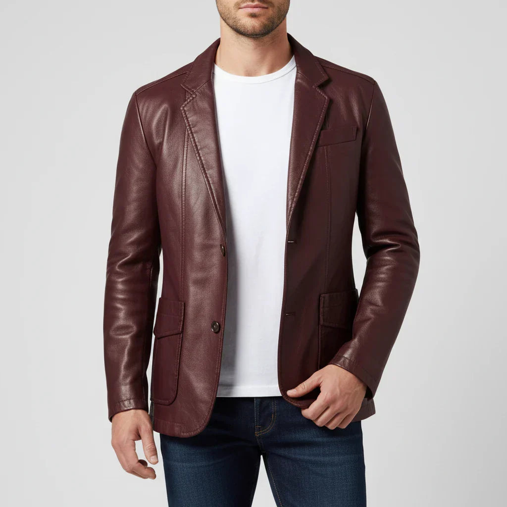 Men's Leather Blazer Style Jacket With Notch Lapel And Patch Pockets By TrendAura Online