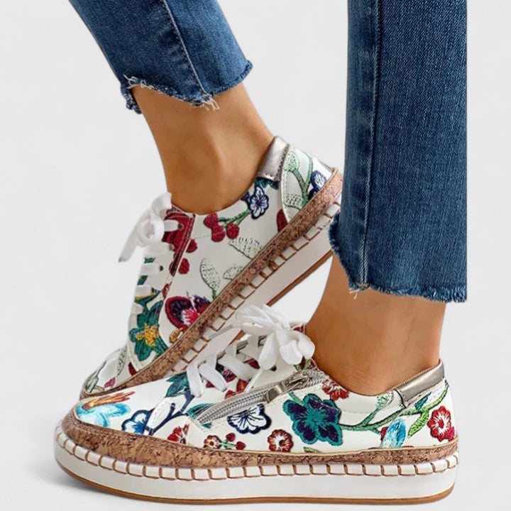 Olisette Ethnic Floral Sneakers For Women With Breathable Canvas Lining And Cushioned Insole