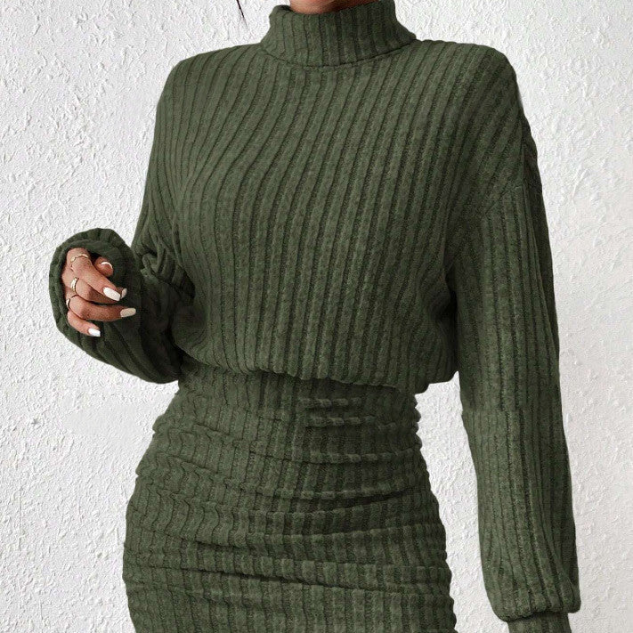 Knitted Sweater Dress With High Collar For Women Ribbed Texture Cozy Winter Elegance