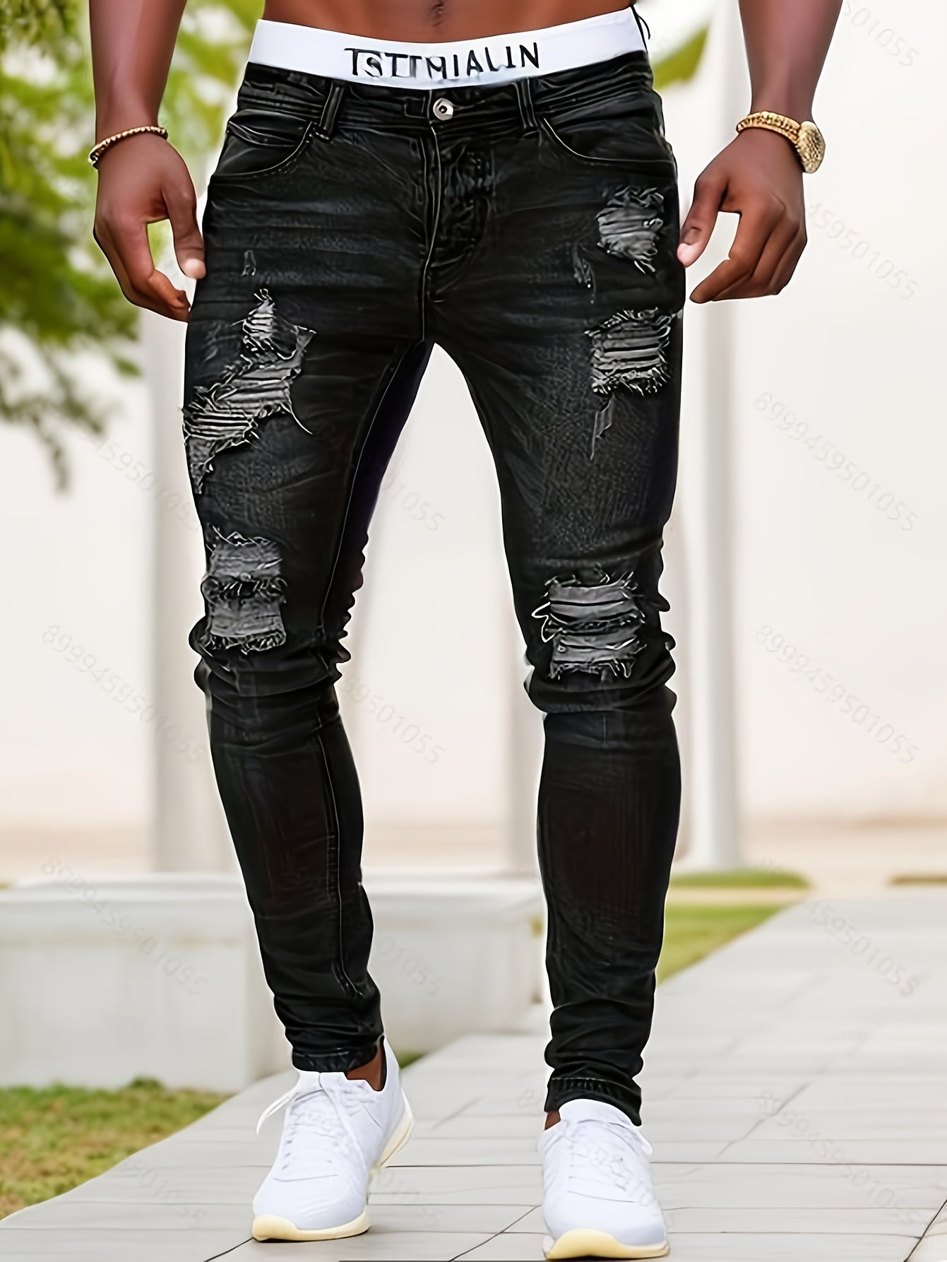 Mens Distressed Skinny Jeans Low Rise With Ripped Detailing For Streetwear Aficionados Edgy Modern Fit