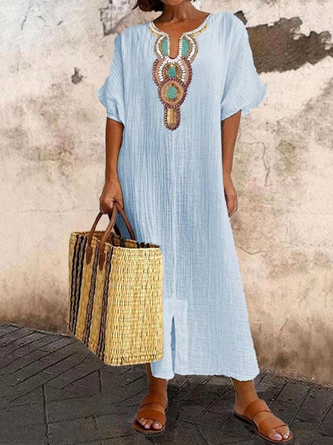 Women’s Kaftan Dress – Relaxed Fit – Embroidered Neckline – Crinkled Cotton Blend
