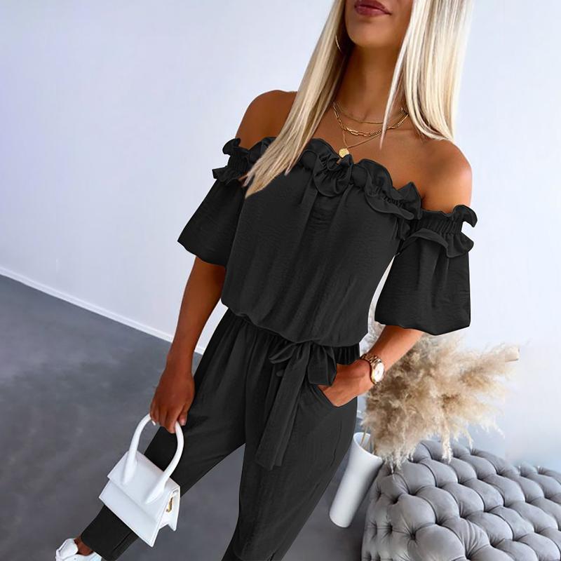 Women's Off-Shoulder Jumpsuit with Frill Detail and Tie Waist