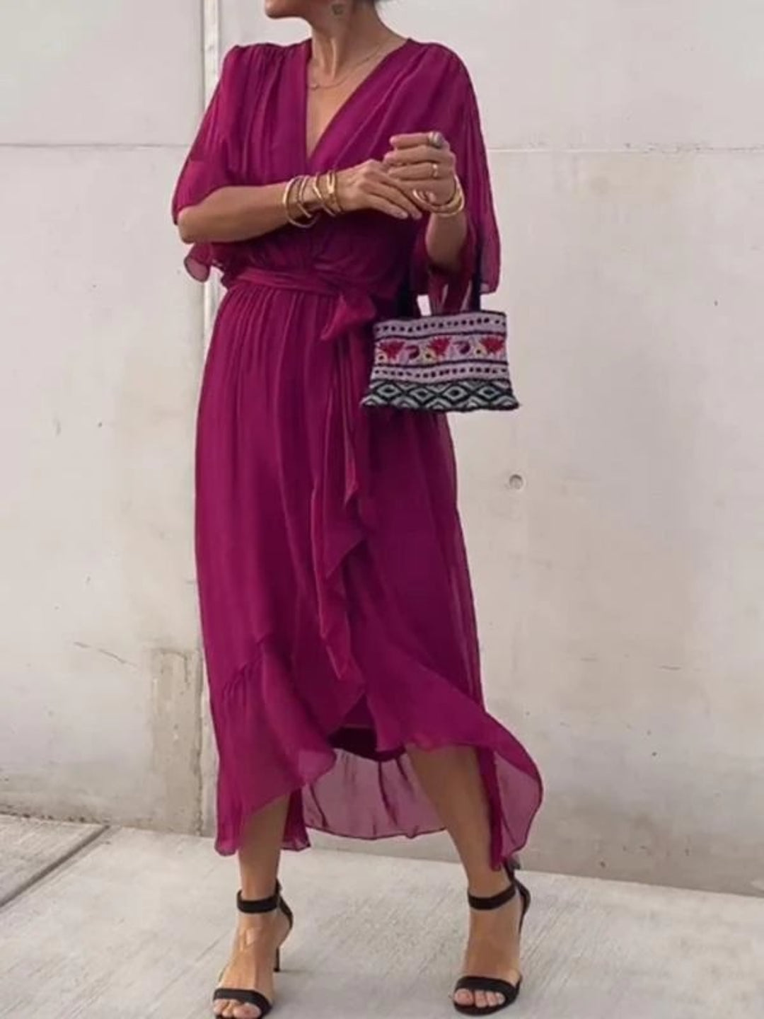 Lilia Crossed Chiffon Dress With Wide Sleeves And Belted Waist For Elegant Women