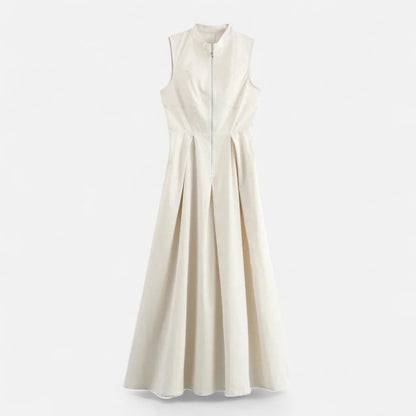 Ancient World | Fitted Pleated Midi Dress for Women – Sleeveless Summer Elegance with Zipper Closure