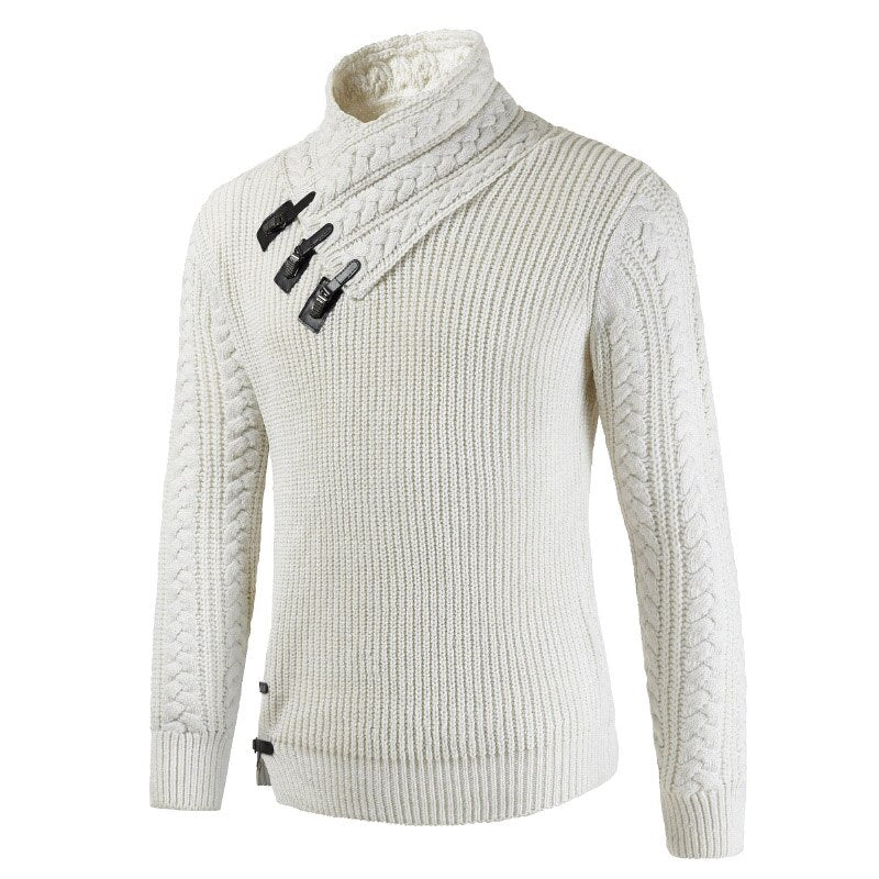 Mens Chunky Knit Jumper Asymmetric Neckline Buckle Accent For Modern Layering For Everyday Casual To Semi Formal