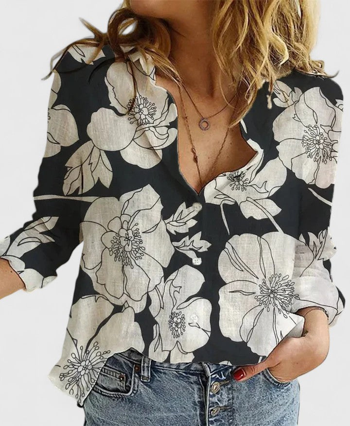 Women's Button Down Shirt with Lapel Collar and Linen Fabric
