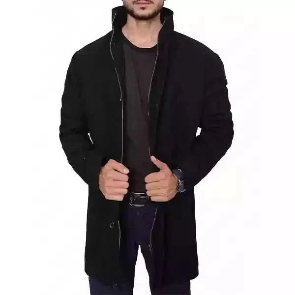 Howard High Neck Black Wool Coat For Men By TrendAura Stand Collar Button Front Winter Outerwear