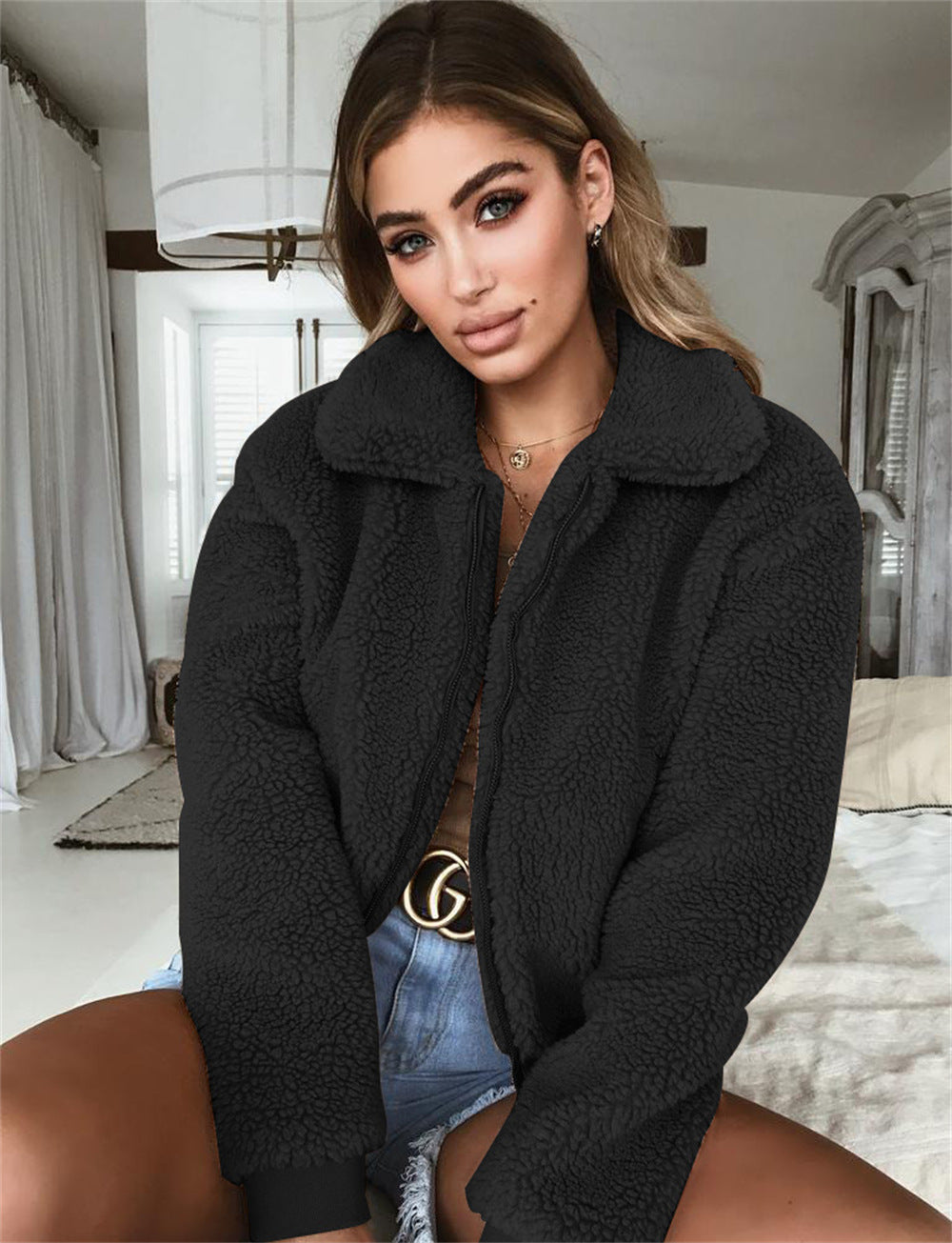 Women’s Cropped Jacket – Fleece Texture – Relaxed Fit – Zip Front – Turn-Down Collar