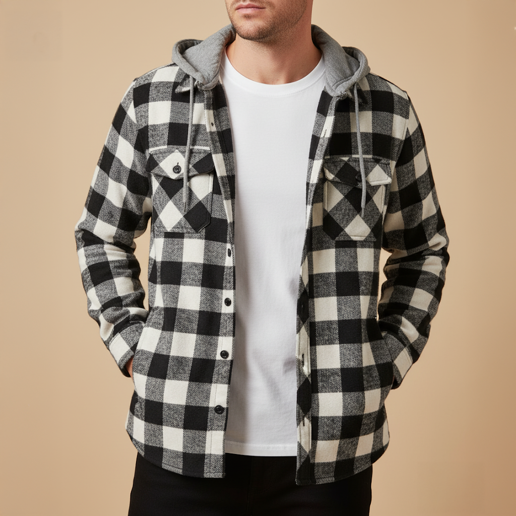 Mens Checked Hooded Jacket For Everyday Casual Wear BuiltIn Hood Timeless Plaid Pattern Versatile AllSeason Style