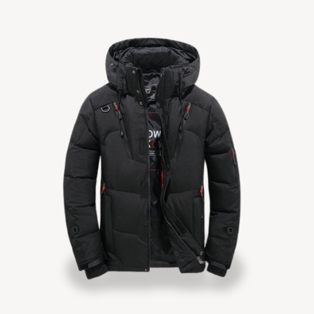 Men's Puffer Jacket With Hood Stylish Modern Accent Structured Winter Design For Outdoor Enthusiasts