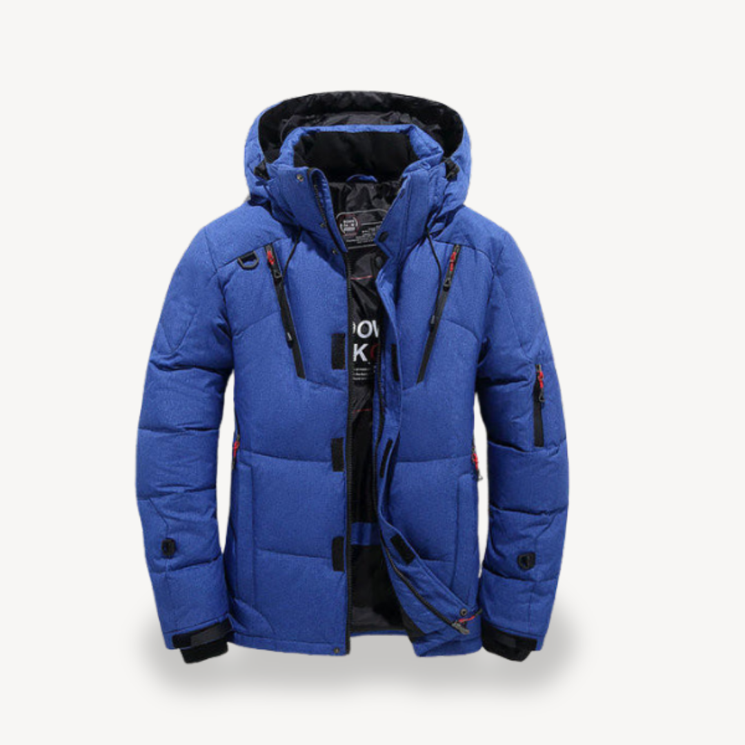 Men's Puffer Jacket With Hood Stylish Modern Accent Structured Winter Design For Outdoor Enthusiasts