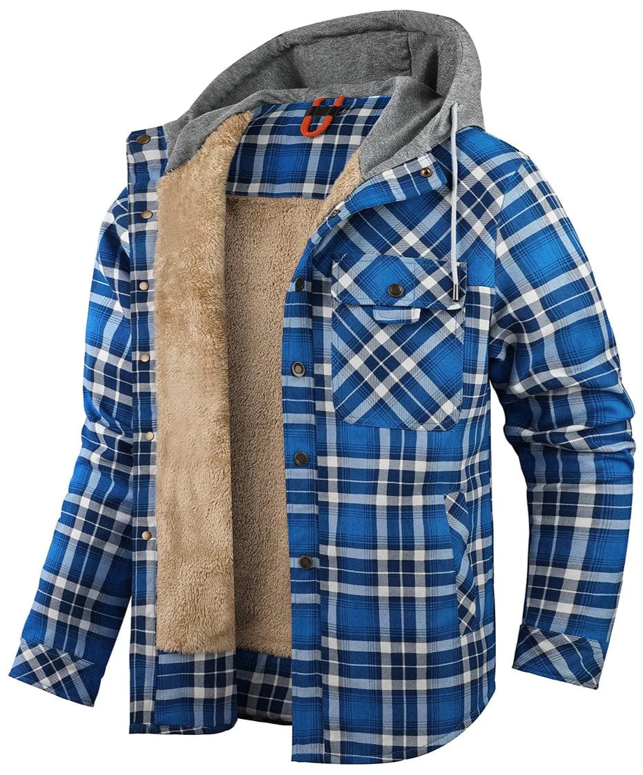 Nolan Plaid Hoodie Jacket For Men Warm Fleece Lined Winter Coat With Button Up Design By TrendAura