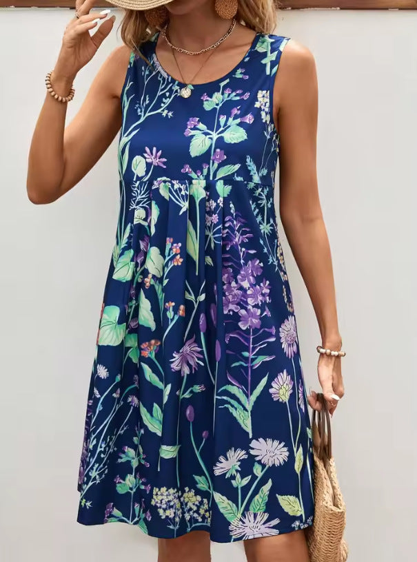 Women’s Vest Dress – Relaxed Fit – Sleeveless – Floral Print – Short Length – Lightweight
