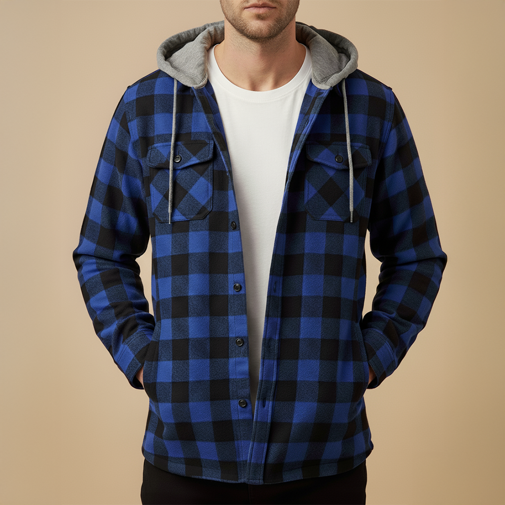 Mens Checked Hooded Jacket For Everyday Casual Wear BuiltIn Hood Timeless Plaid Pattern Versatile AllSeason Style