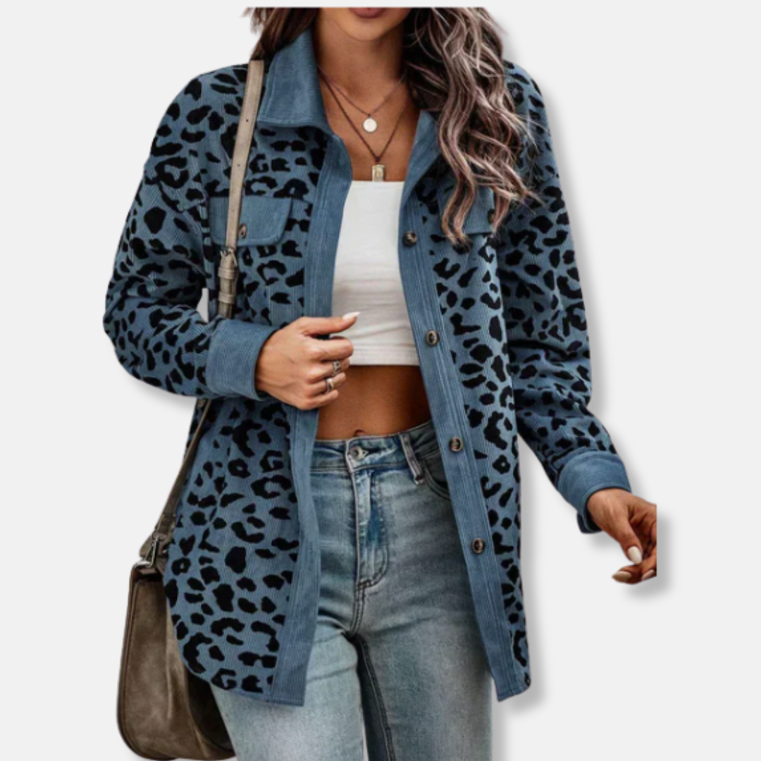 Women’s Shacket – Relaxed Fit – Corduroy Ribbed Texture – Animal Print – Button-Up Long Sleeve