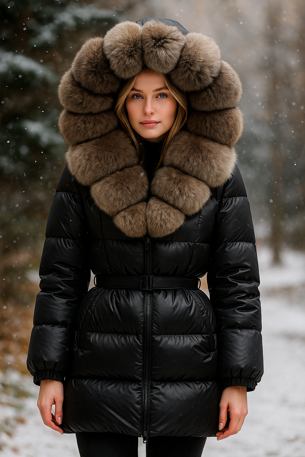 Women's puffer jacket with faux fur collar and elastic waist belt