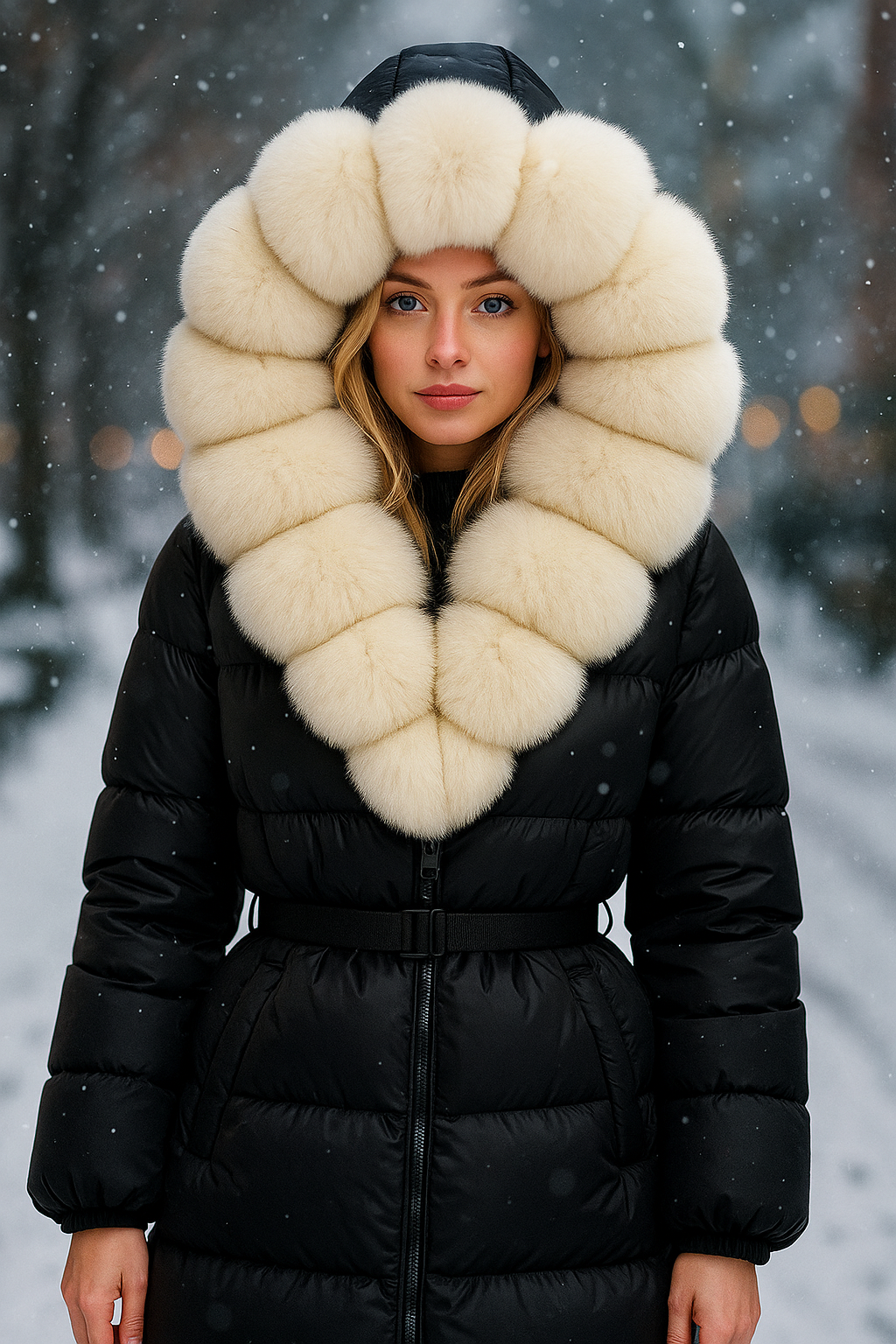 Women's puffer jacket with faux fur collar and elastic waist belt